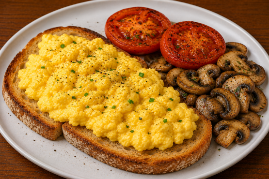 3 Scrambled Egg on 2 Toast with Fried Tomato & Mushrooms (V)