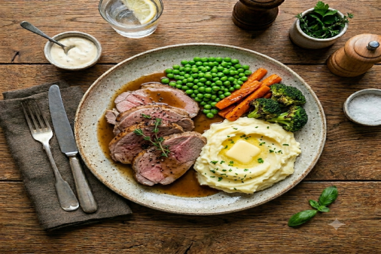 Roast Lamb with Mash & 3 Veg