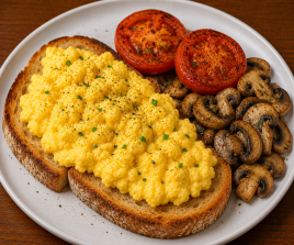 3 Scrambled Egg on 2 Toast with Fried Tomato & Mushrooms (V)