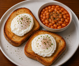 2 Poached Eggs on 2 Toast with Beans (V)